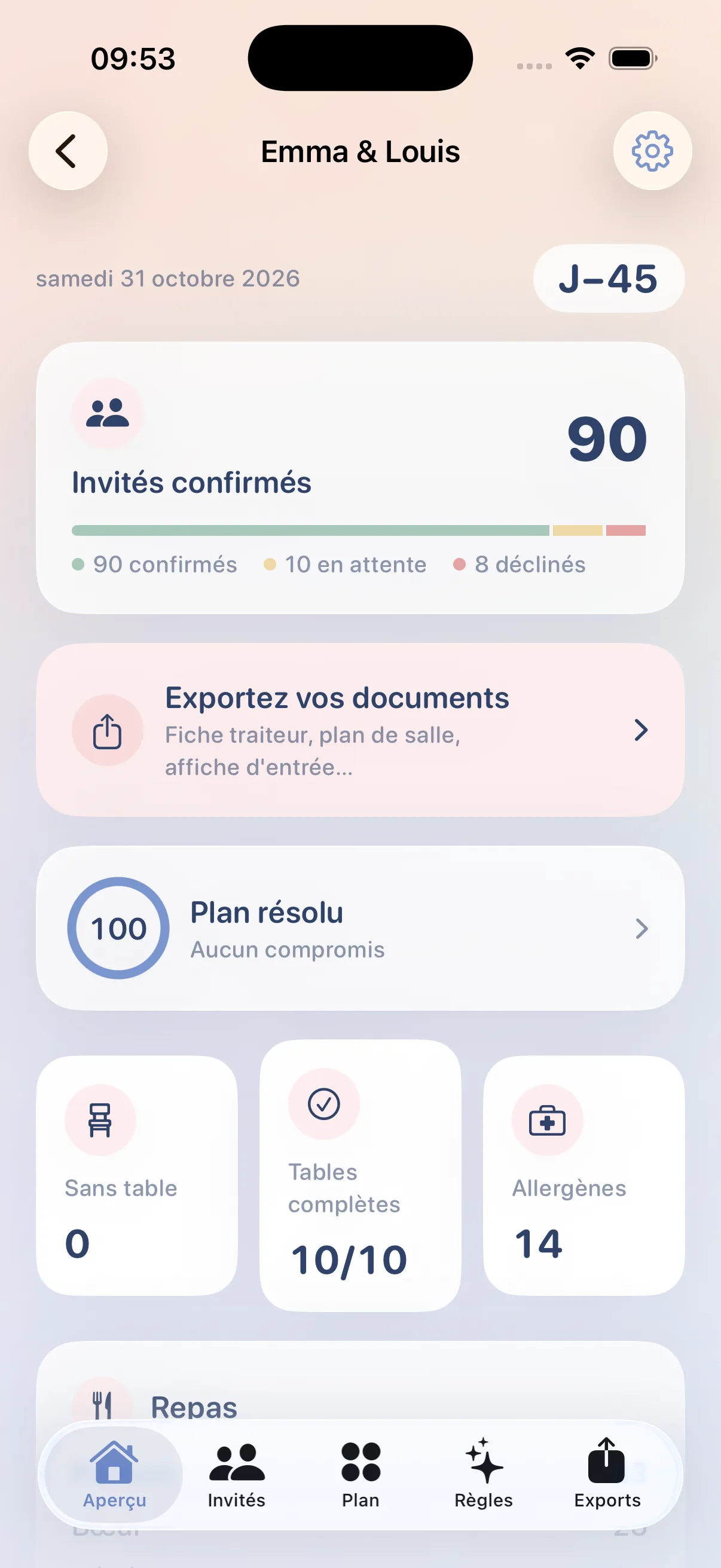 Écran Aperçu de Tablee : compte à rebours J-45, 90 invités confirmés, plan résolu à 100, répartition des repas