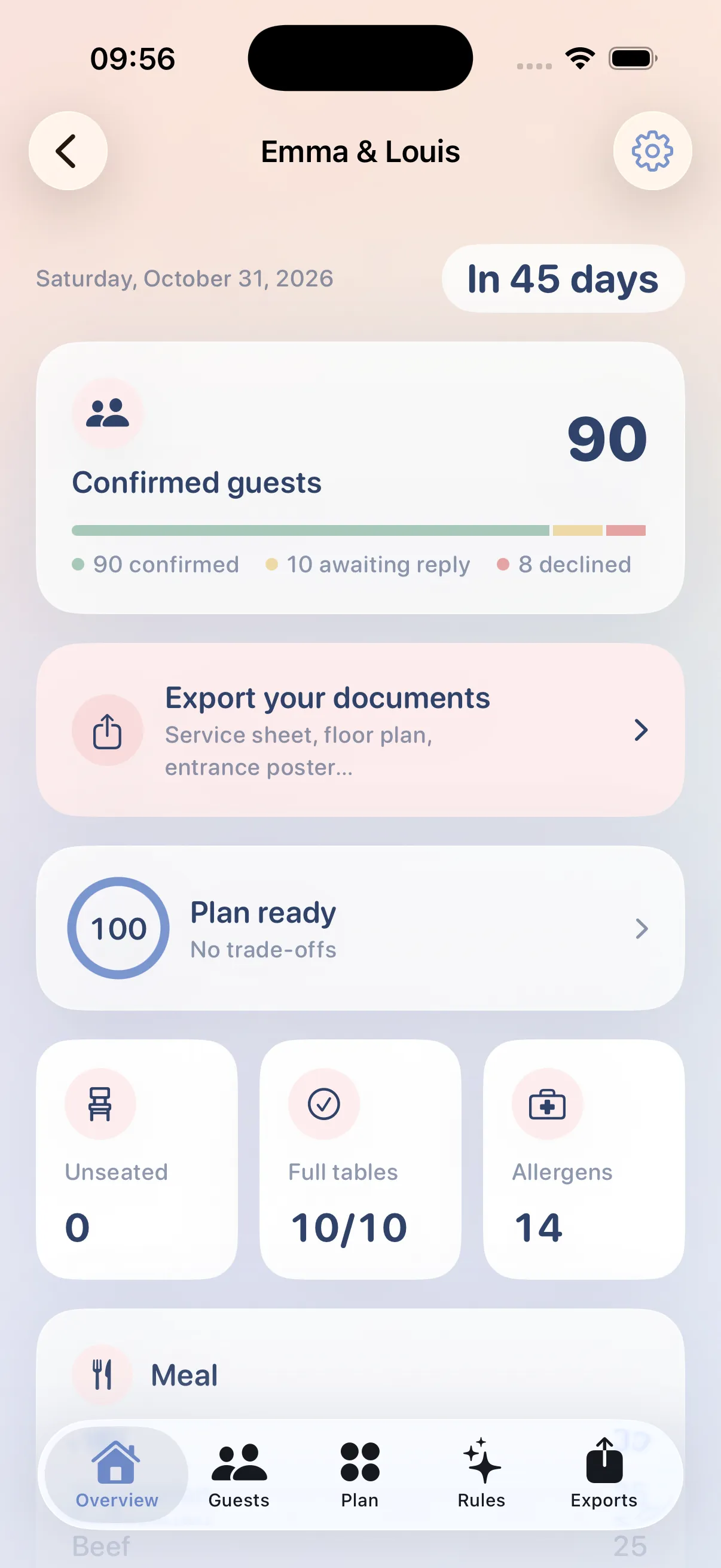 Tablee Overview screen: 45-day countdown, 90 confirmed guests, plan solved at 100, meal breakdown