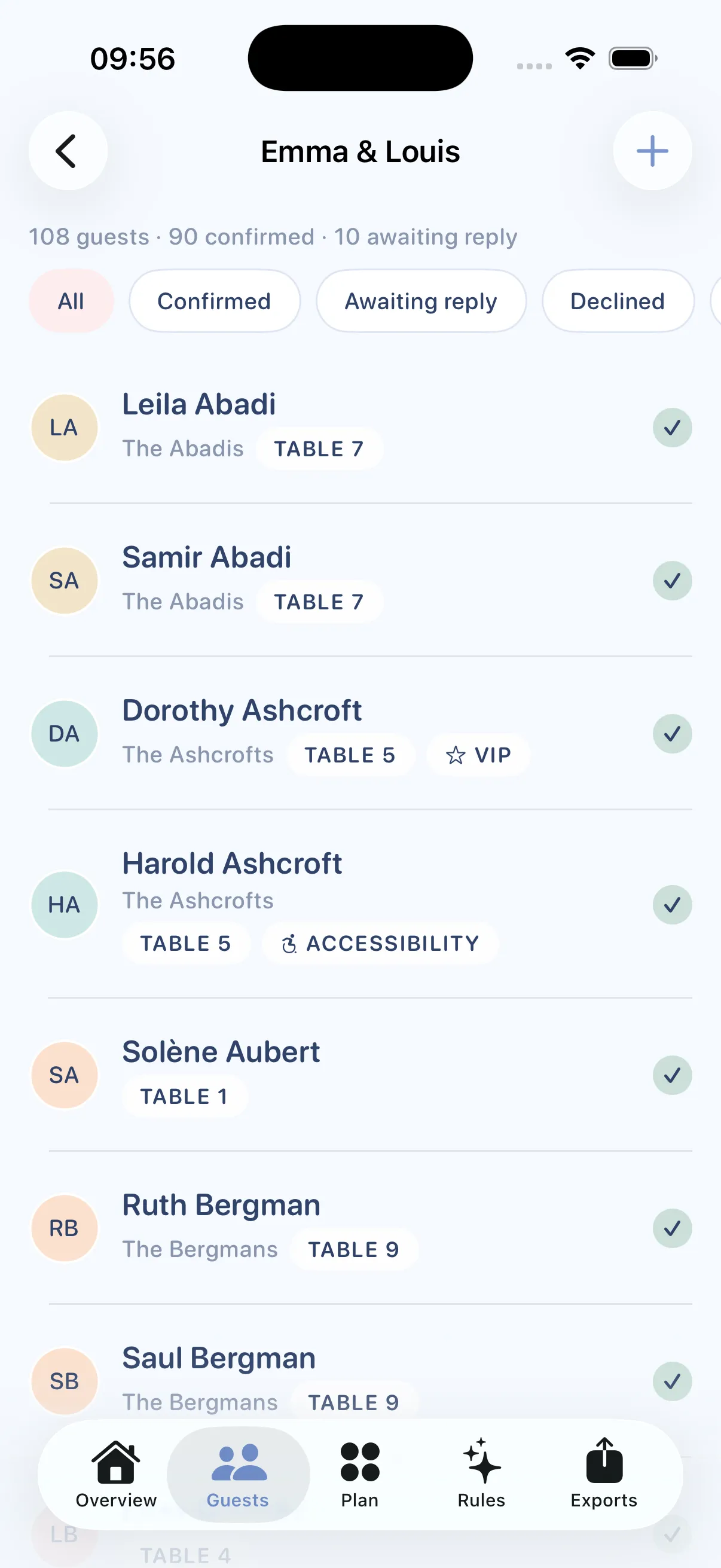 Tablee Guests screen: the guest list with household, table, meal and attributes for each person