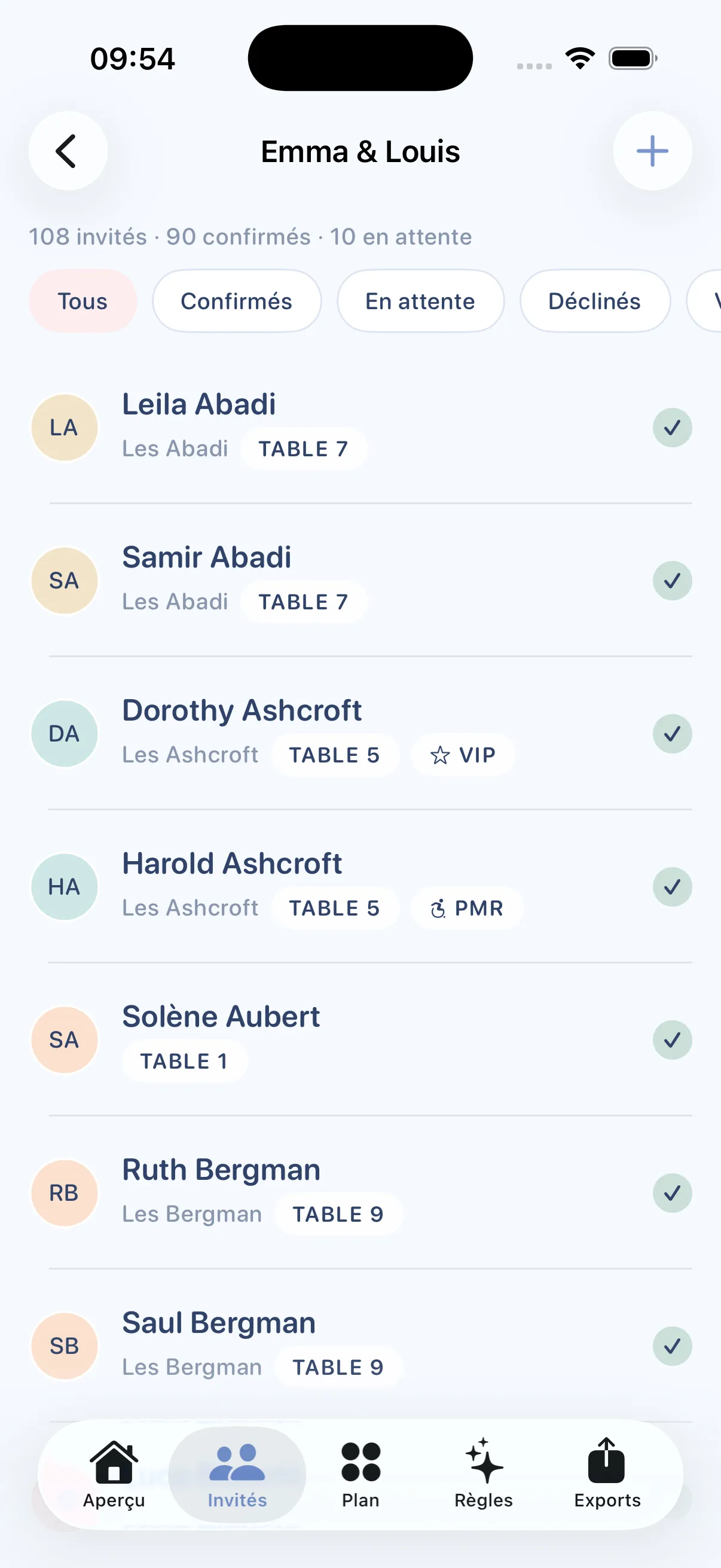 Écran Invités de Tablee : la liste des convives avec leur foyer, leur table, leur repas et leurs attributs