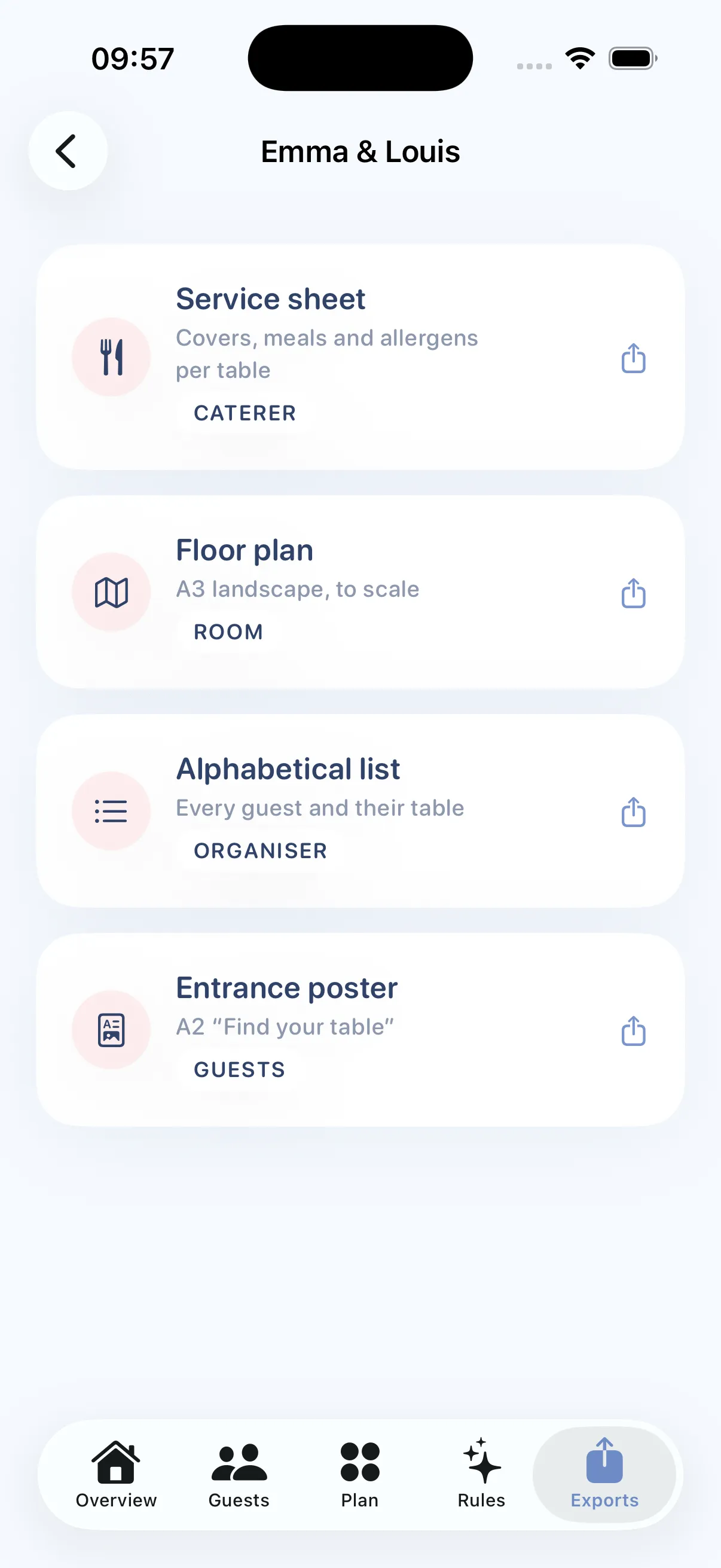 Tablee Exports screen: caterer sheet, room plan, alphabetical list and entrance poster