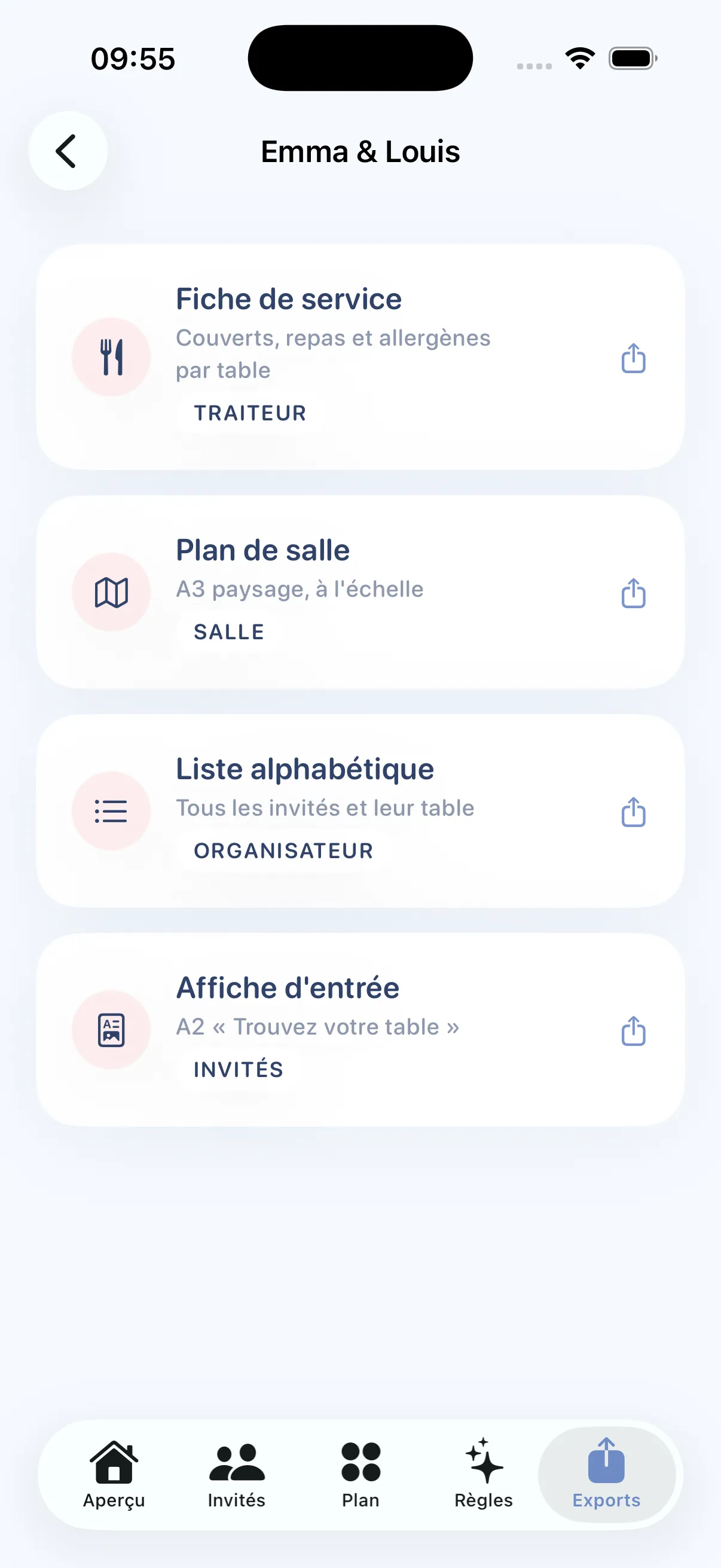Écran Exports de Tablee : fiche traiteur, plan de salle, liste alphabétique et affiche d’entrée