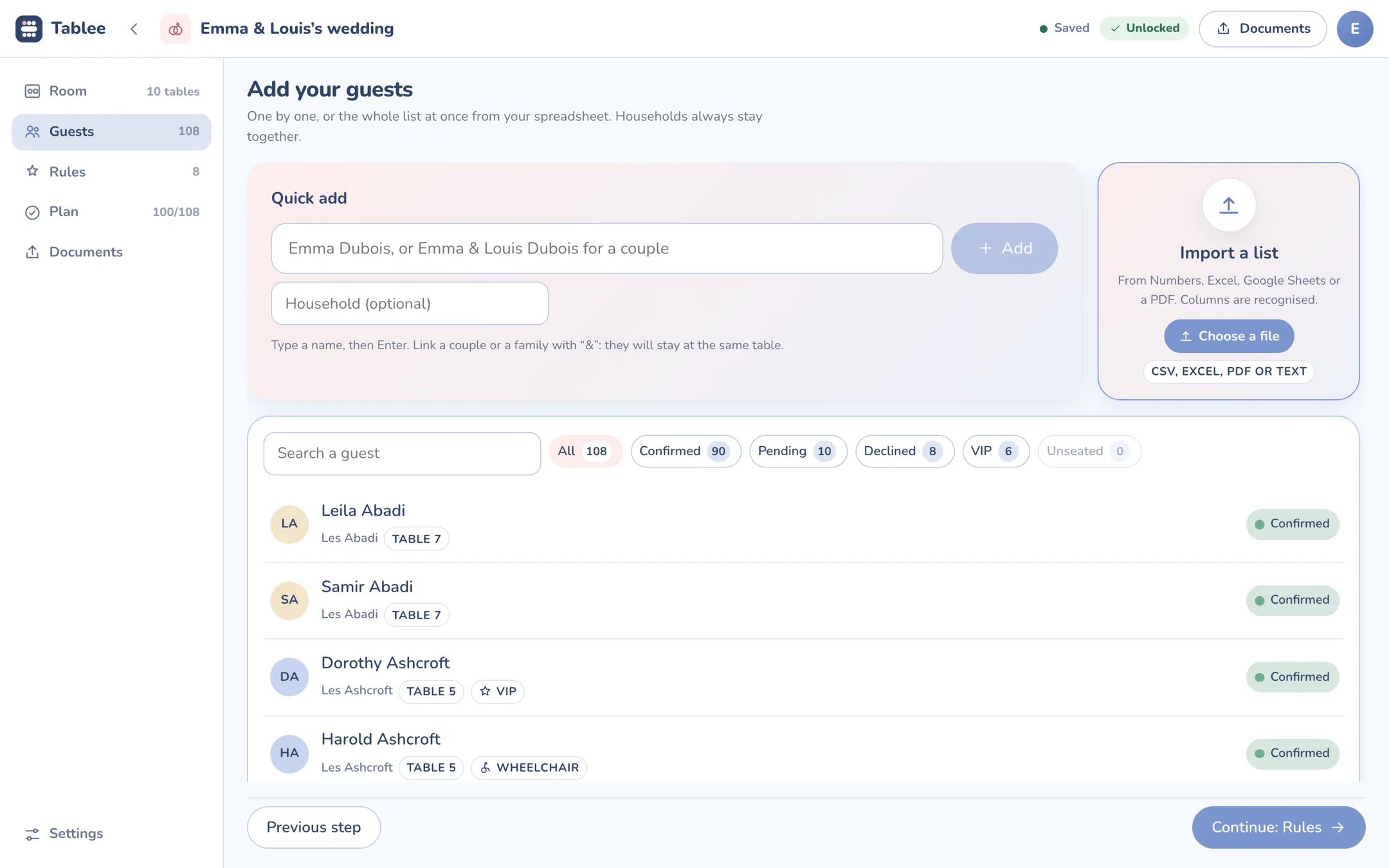 Tablee Guests screen: the list of 108 guests with their household, table and RSVP