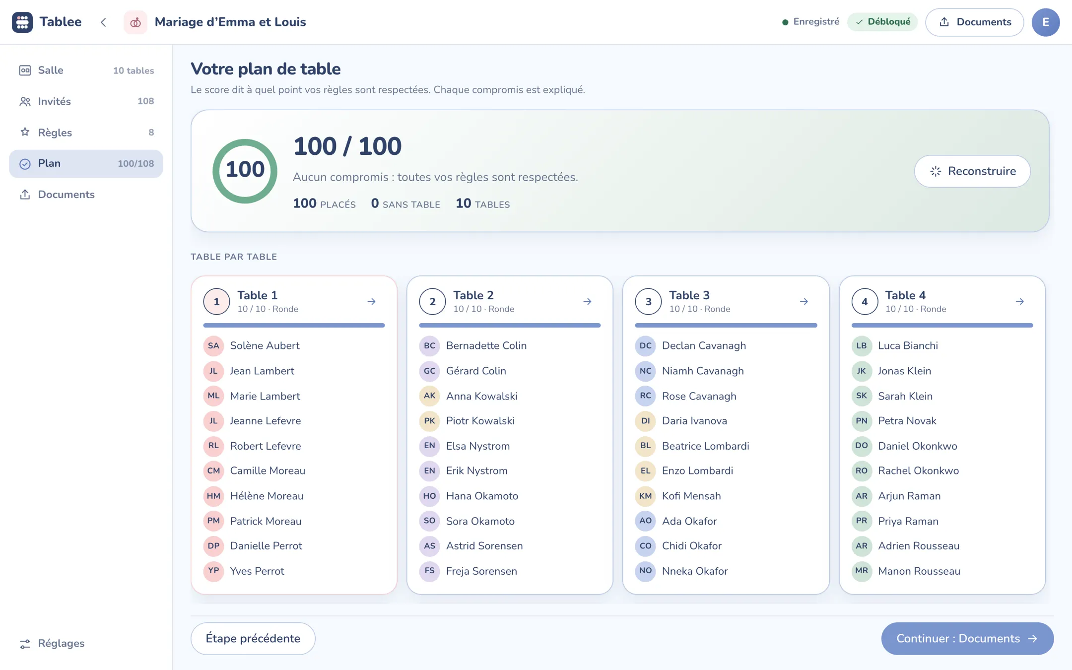 Écran Plan de Tablee : un score de 100 sur 100 et les invités répartis table par table