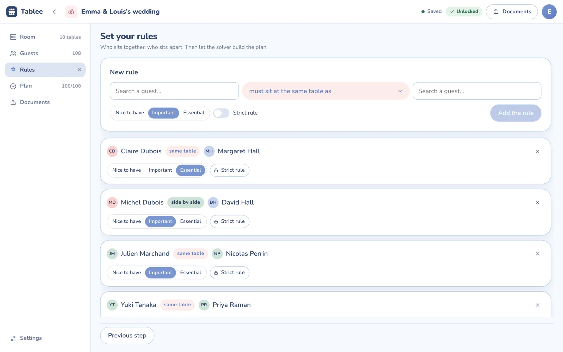 Tablee Rules screen: “same table” and “side by side” rules with their weight