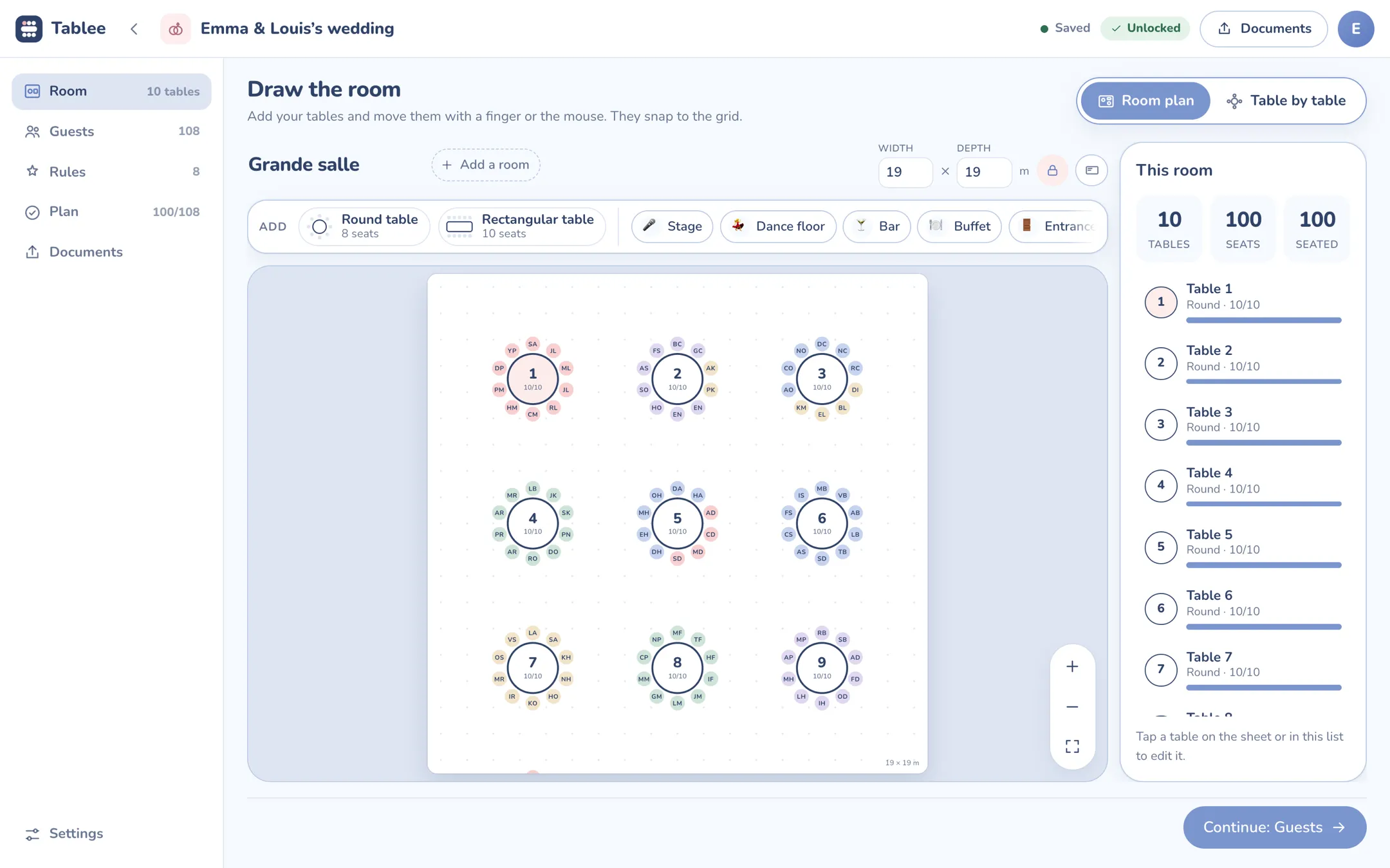 Tablee room plan: ten round tables to scale, each guest shown by their initials