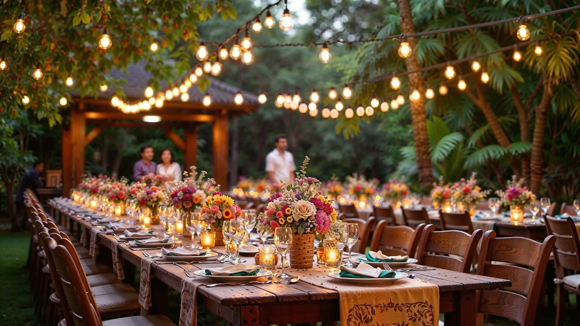 Long outdoor banquet table at dusk, set with colorful flower arrangements and lit by strings of bulbs, guests gathered under the pergola behind