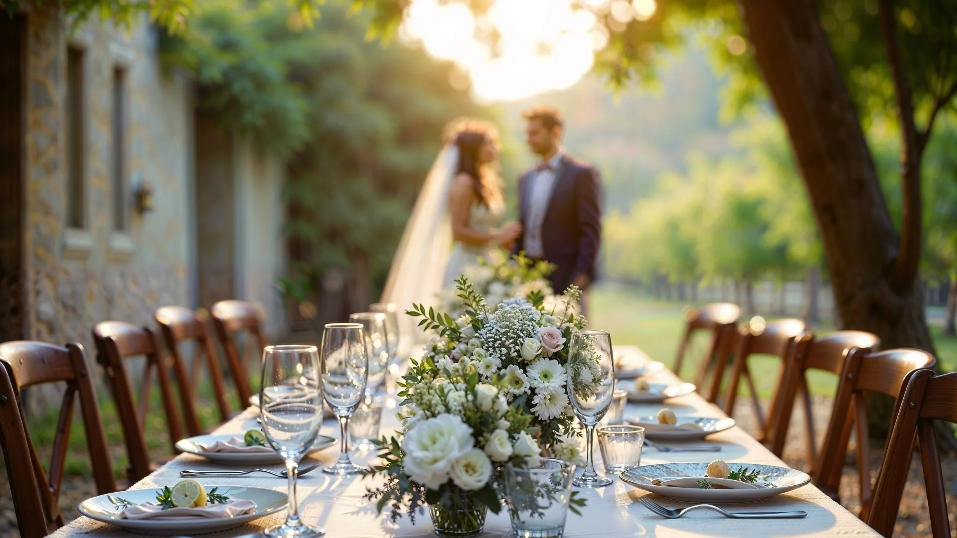Longue table de mariage dressée en extérieur au coucher du soleil, les mariés en arrière-plan