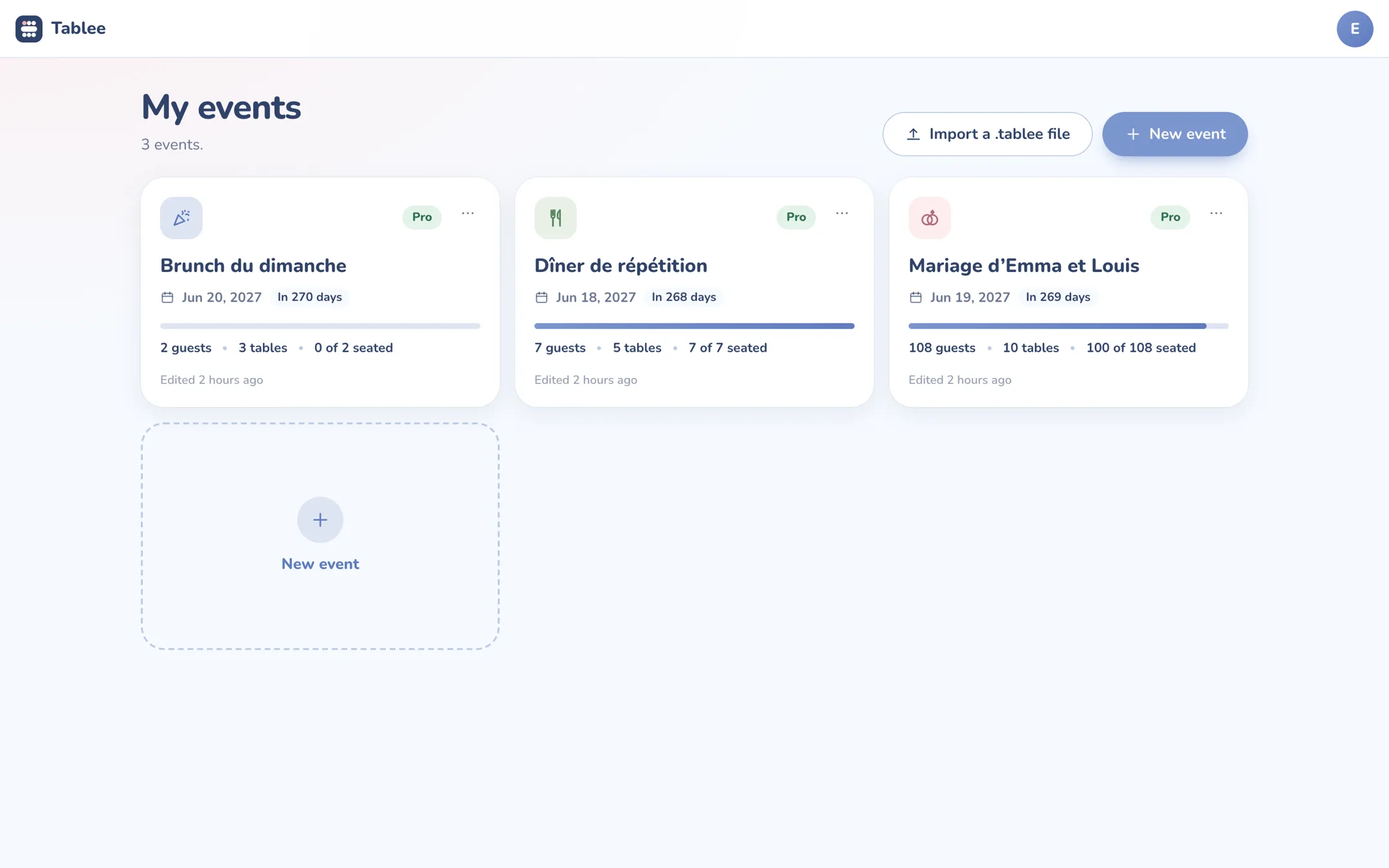 The Tablee Pro dashboard: three events with their date, countdown and progress